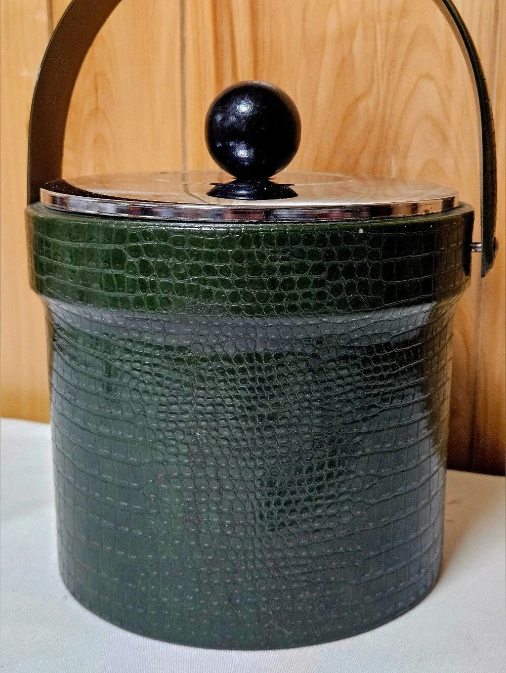 Atapco Ice Bucket 1960s Embossed Green Faux Alligator W/ Stainless Lid Wood Knob